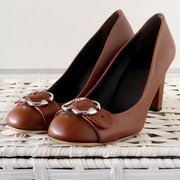 Gucci Brown Leather Block Heel Pumps Logo Buckle Designer Office Party Shoes 7.5 - Picture 11 of 16